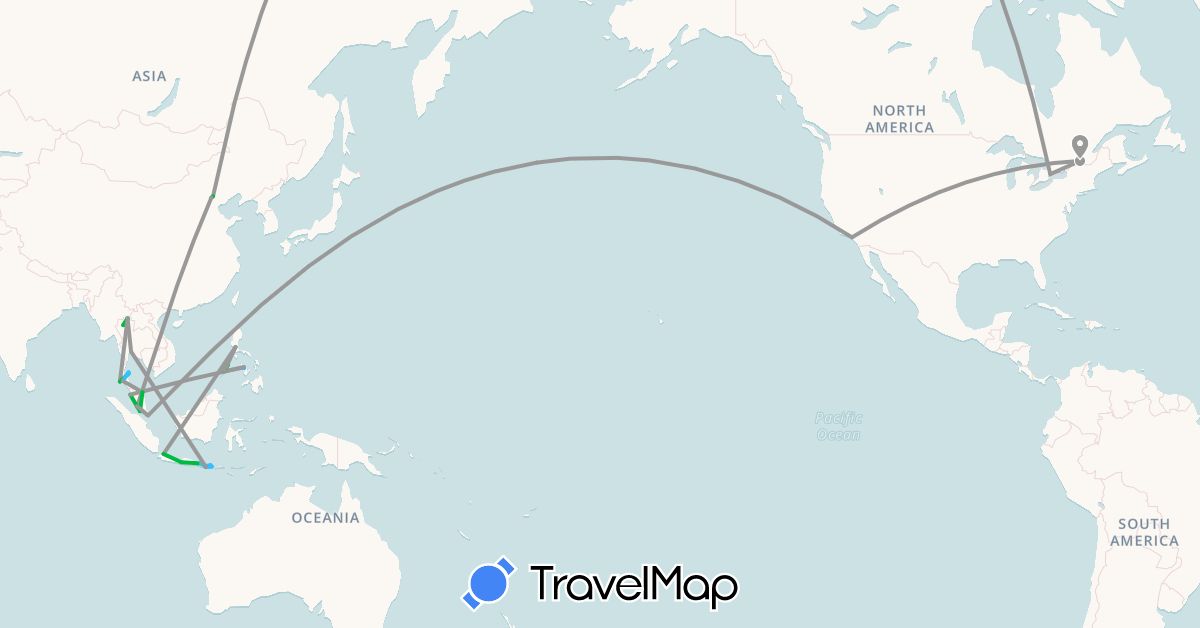 TravelMap itinerary: driving, bus, plane, boat in Canada, China, Indonesia, Malaysia, Philippines, Singapore, Thailand, United States (Asia, North America)